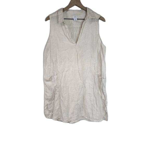 Sigrid Olsen Sleeveless Linen Dress 1X Beige Shirt Tunic Top Pockets - Picture 1 of 6